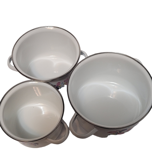 Vintage NEW enamel floral mini stock pots with lids - Picture 8 of 12